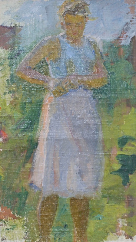 Modern British, oil on canvas board, Full length study of standing woman, 32 x 18cm. Condition - fair